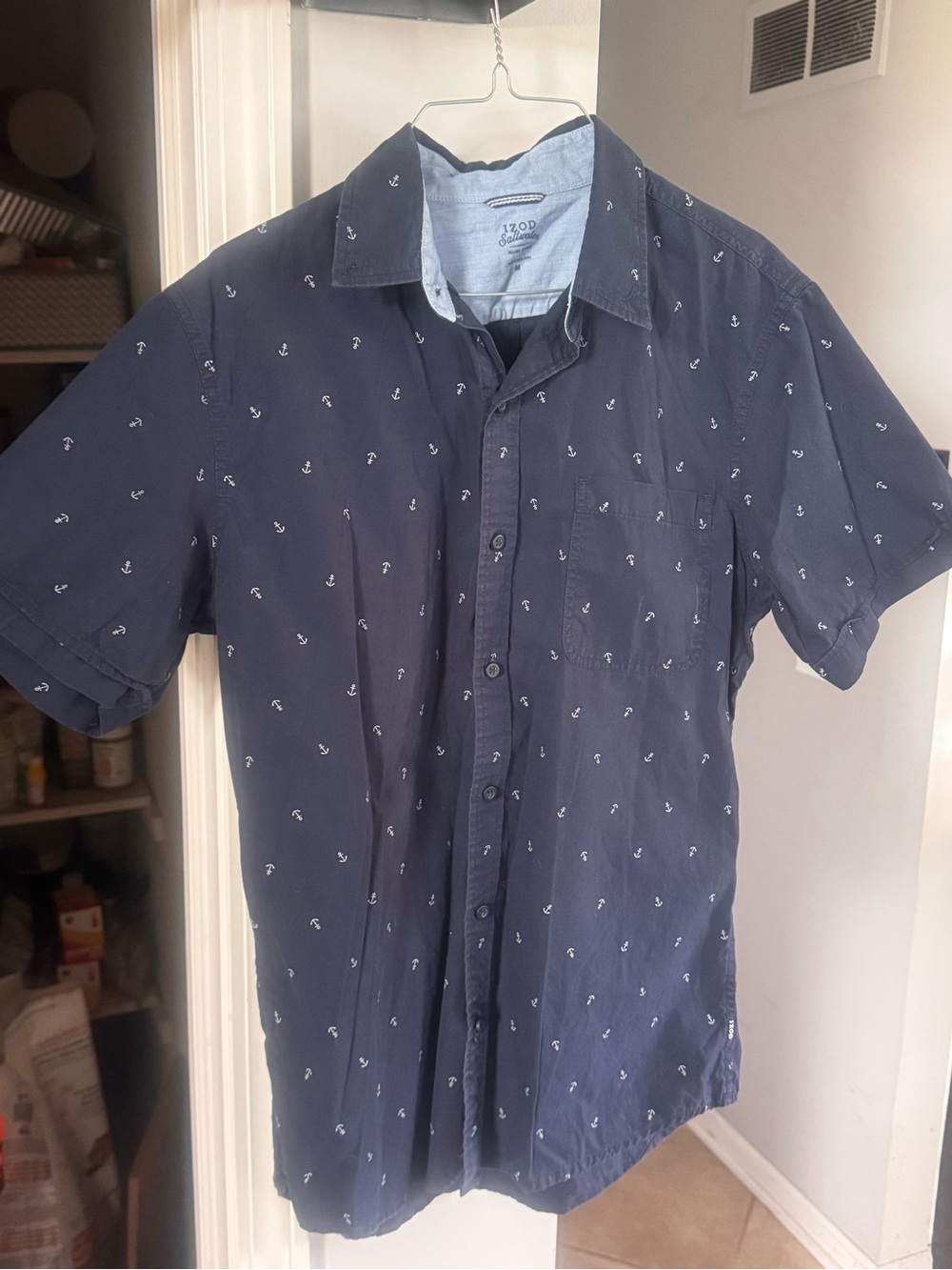 Izod Navy Short-Sleeve Button-Down with White Anchor Print